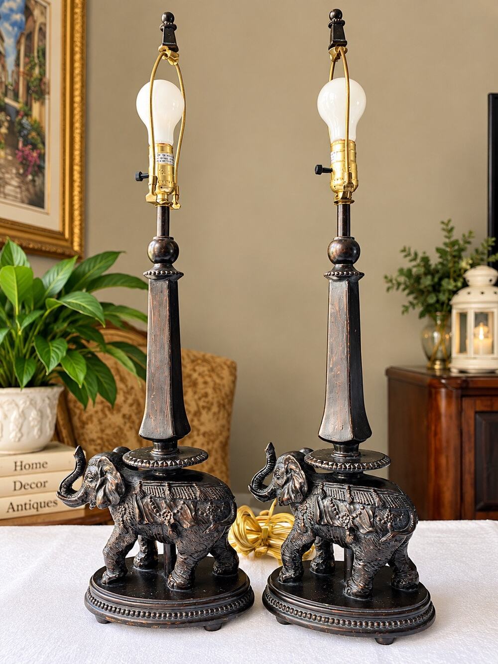 Pair elephant table lamp, styled in an Anglo-Indian or safari aesthetic works